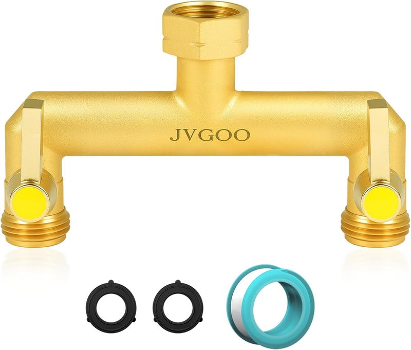 Jvgoo Garden Hose Splitter, Brass 2 Way Hose Splitter, 3/4" Water Hose Splitter 2 Way Heavy Duty with Metal Shutoff Valve and Extension Handle, Outdoor Faucet Splitter Water Spigot Splitter Manifold - Image 1
